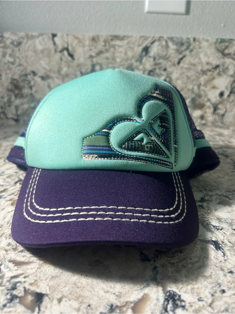 Y2K Roxy Mint and Purple Logo Trucker/surf Hat size small